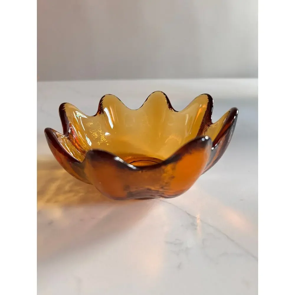 Vintage Mid Century Blenko Amber Art Glass 8 Petal Lotus Bowl 6143S Husted